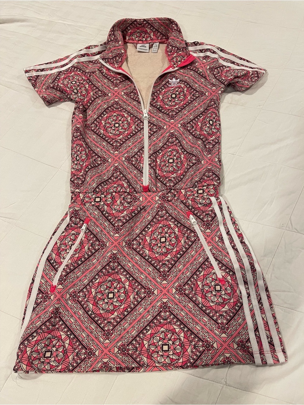 adidas Girls' Pink Geo-Print Zip Polo Dress White Stripes Pockets Logo Med 11/12